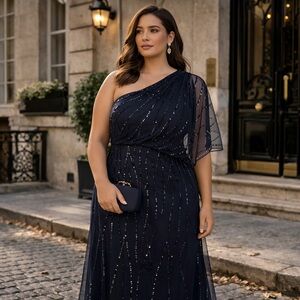 Adrianna Papell One Shoulder Beaded Gown Dusty Navy Formal Dress Size 12